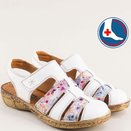 Анатомични кожени  дамски сандали в бяло с цветен принт l5763bps1
