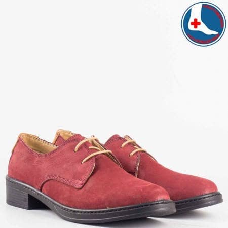 Дамски комфортни обувки изработени от 100% естествен набук в цвят бордо l5813vbd