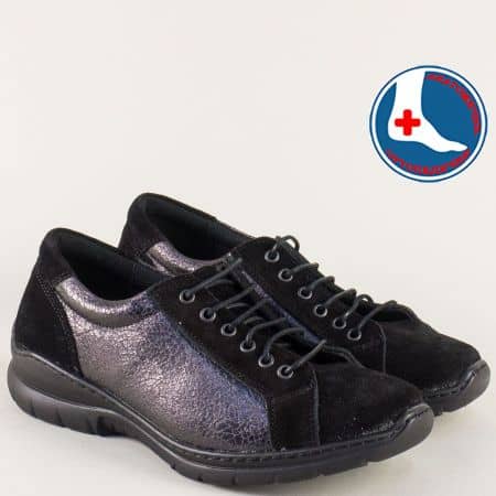 Черни дамски обувки от естествена кожаи велур с анатомична стелка l6080ch