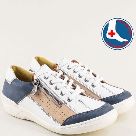 Дамски кожени обувки в бяло синьо и бежово с връзки l7074307bps