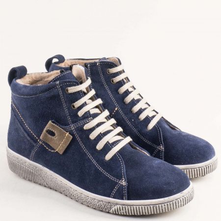 Сини велурени дамски боти меки топли и удобни на бяло равно ходило l7079vs