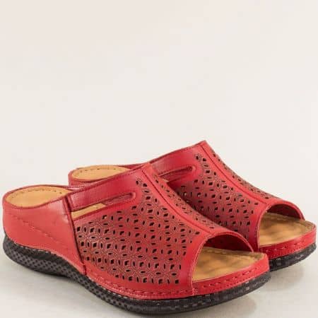 Червени дамски чехли на платформа естествена кожа m0225chv