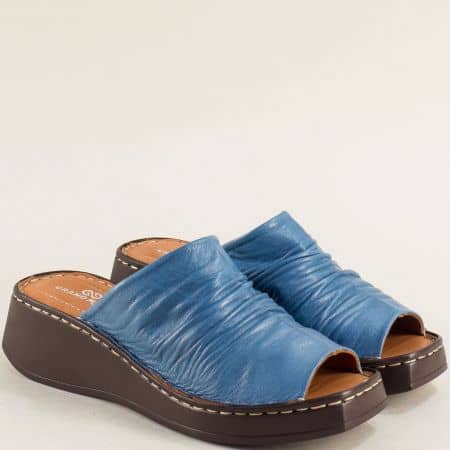 Сини дамски чехли на платформа естествена кожа m0514s