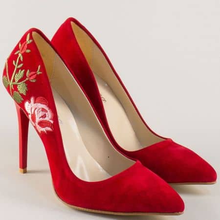 Червени дамски обувки на висок ток с флорален мотив m1616vchv