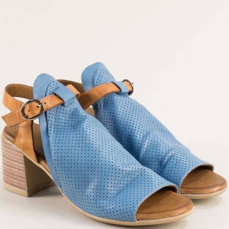 Перфорирани кожени дамски сандали на висок ток в син цвят m1700sk