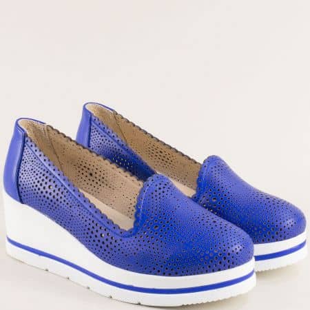 Сини дамски обувки на бяла платформа естествена кожа m2007s