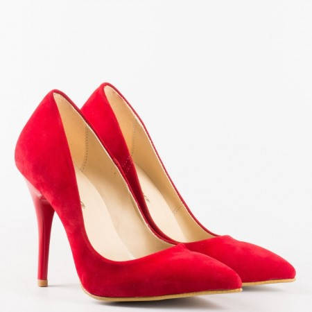 Червени  дамски обувки на  висок ток от висококачествен  еко набук m2015nchv