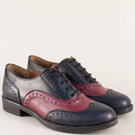Кожени дамски обувки Оксфорд в бордо и синьо m235ps1