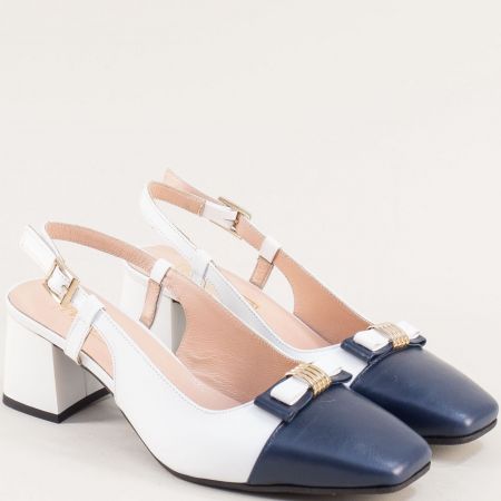 Дамски елегантни обувки на среден ток естествена кожа в син и бял цвят m7003bs