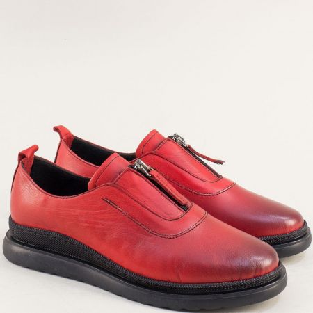 Червени кожени дамски обувки на равно ходило с цип m9005chv