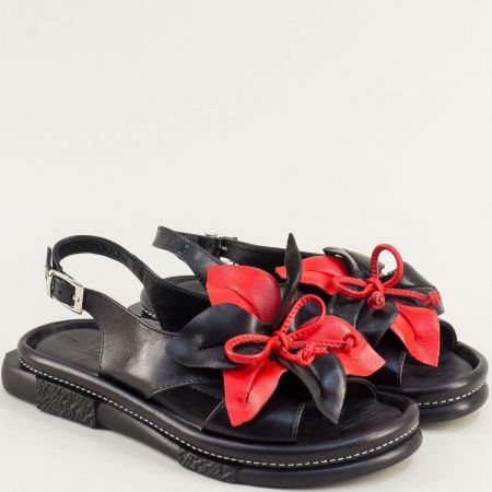 Черни кожени дамски сандали с червено цвете maa202ch