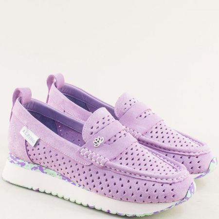 Дамски обувки тип мокасина естествен велур в лилав цвят mag230173vl