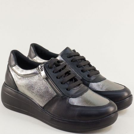 Кожени дамски обувки в черно и сребристо с връзки mag3802srch