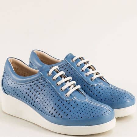 Дамски обувки с перфорация естествена кожа в синьо me019s