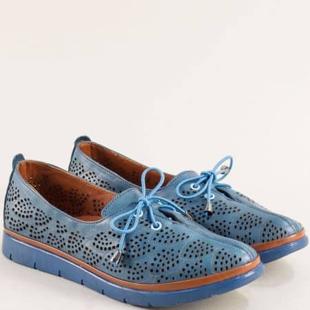 Сини дамски обувки с  перфорация от естествена кожа me032s