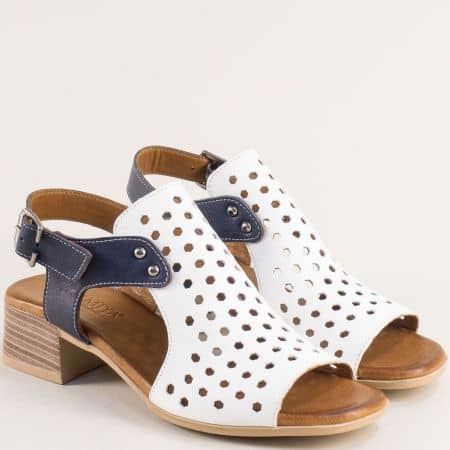 Естествена кожа дамски сандали в бяло със синя каишка me1505bs