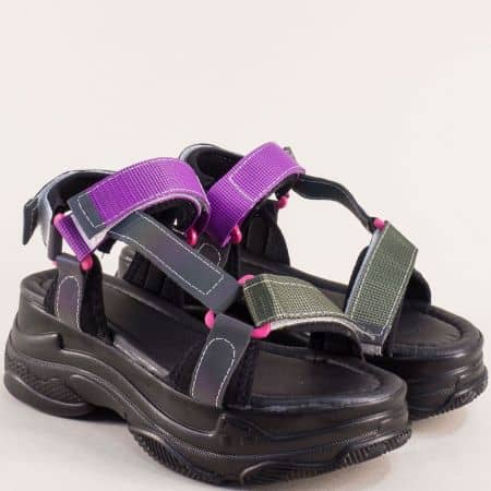 Черни комфортни  дамски сандали с лилави каишки  me710ch