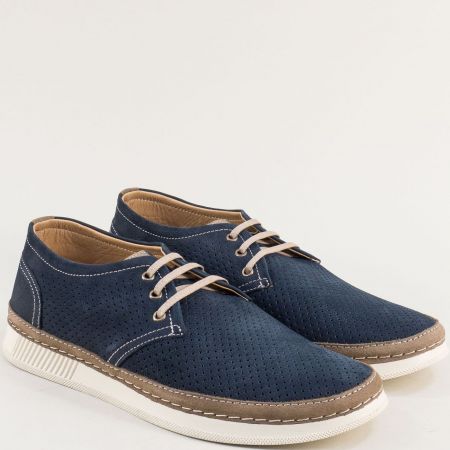 Кожени равни мъжки обувки с перфорация в син цвят met204ns