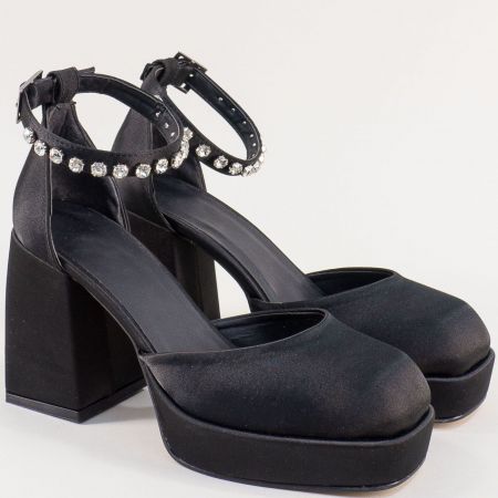 Черни дамски сандали на висок ток и декоративни камъчета met404sch