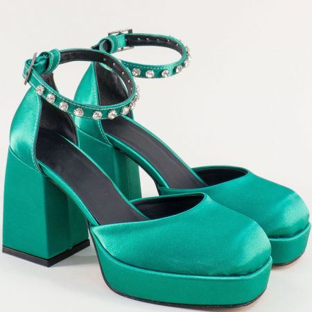 Стилни дамски сатенени сандали в зелен цвят с каишка met404sz