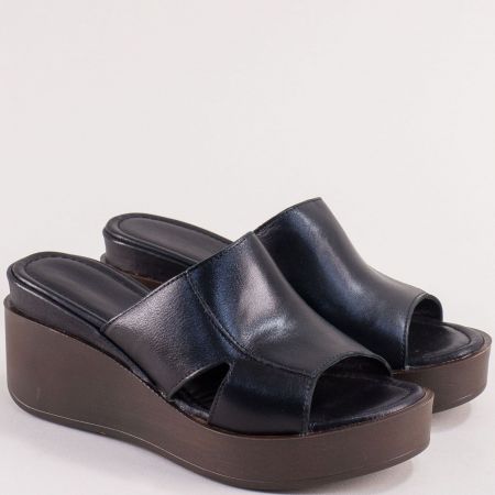 Черни дамски чехли на платформа от естествена кожа met541ch