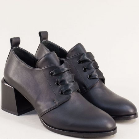 Черни дамски обувки с връзки естествена кожа на ток met607ch