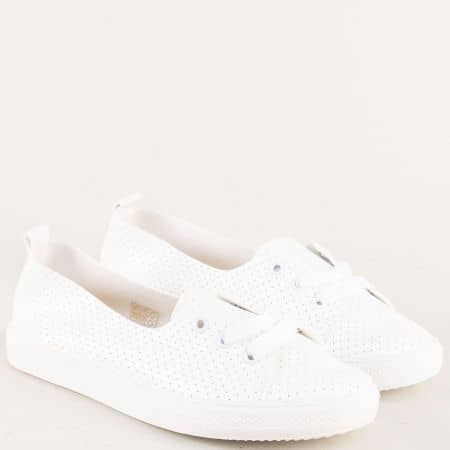 Бели дамски обувки с перфорация с връзки n015b
