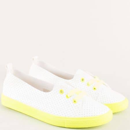Перфорирани дамски обувки в жълто и бяло с връзки n015z