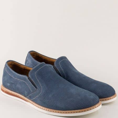 Шити мъжки обувки от естествен набук в син цвят n080ns