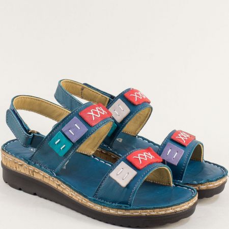 Дамски сандали от естествена кожа в син цвят с декорация oc1038s