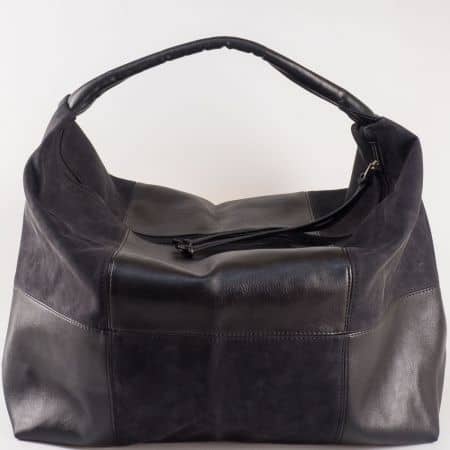 Дамска чанта за всеки ден в съчетание от висококачествен еко набук и кожа на български производител в черен цвят s1126ch