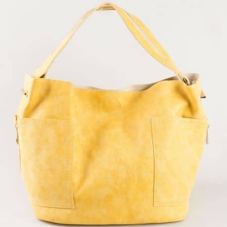 Стилна жълта дамска чанта с къса и дълга дръжка на българска фирма s1197j