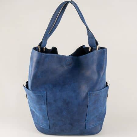Синя дамска чанта с органайзер и два външни джоба s1198s