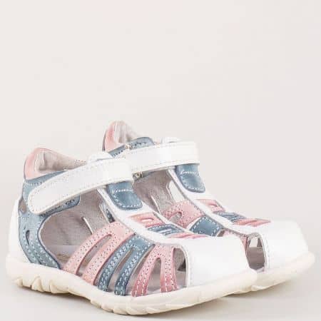 Български детски сандали с лепка изцяло от естествена кожа в бяло, розово и синьо- Kapchitsа  s19b