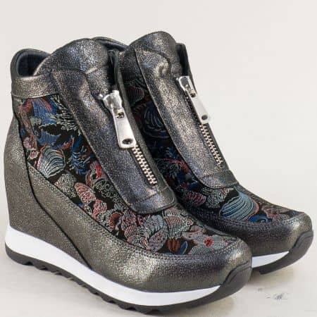 Зимни дамски обувки на платформа от естествена кожа в сиво s501svps
