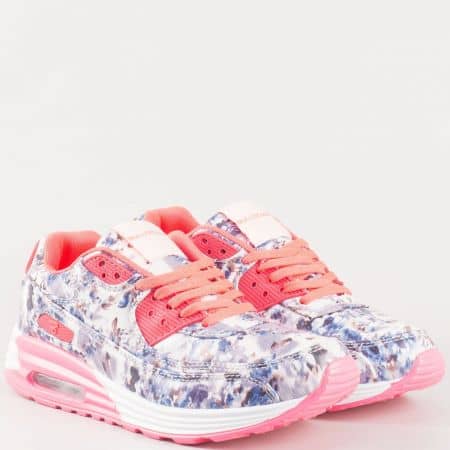 Дамски фешън маратонки с флорален принт и връзки- Bulldozer в бяло, синьо и розово  v62317-40sv