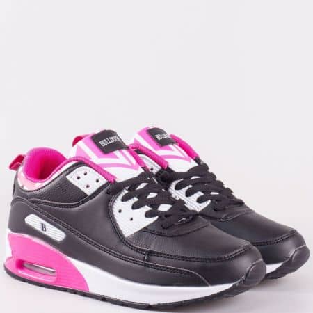 Комфортни дамски маратонки с връзки в черно, бяло и розово- Bulldozer  v62327-40ch