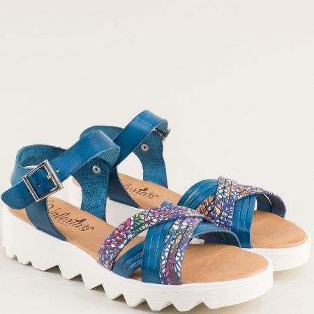 Valeria's сини дамски сандали с цветни каишки естествена кожа v9105sps