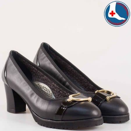 Анатомични дамски обувки на среден ток от естествена кожа и лак в черен цвят- Naturelle   z632802ch